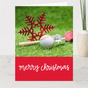 Carte Joyeux Noël de baseball avec balle et flot de neig