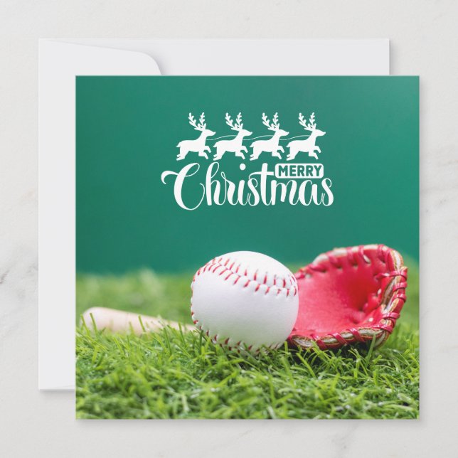 Carte Joyeux Noël de baseball avec des cadeaux sur l'her (Devant)