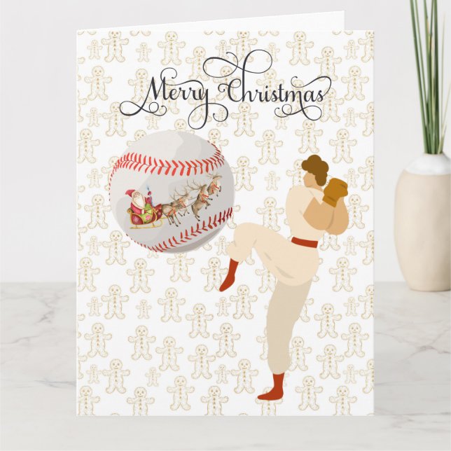 Carte Joyeux Noël de baseball avec joueur et Père Noël (Devant)