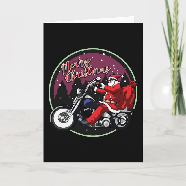 Carte Joyeux Noël Drôle de Père Noël à moto Cadeaux (Devant)
