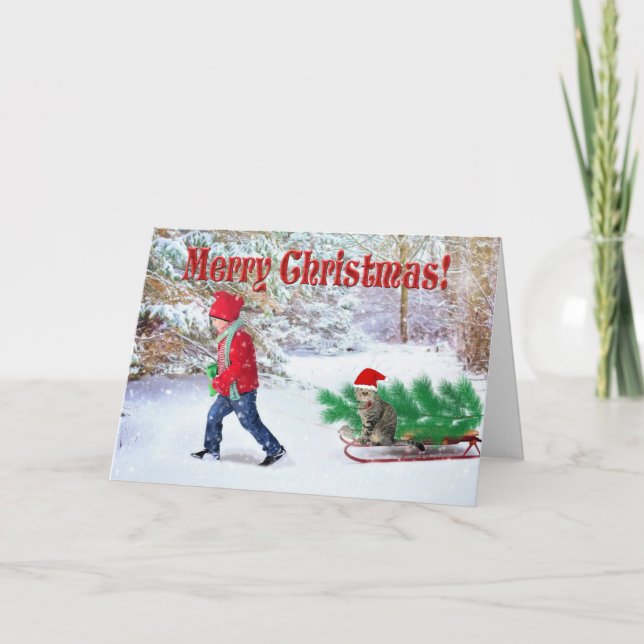 Carte Joyeux Noël Enfant et Chat / Rapportant l'arbre à  (Devant)