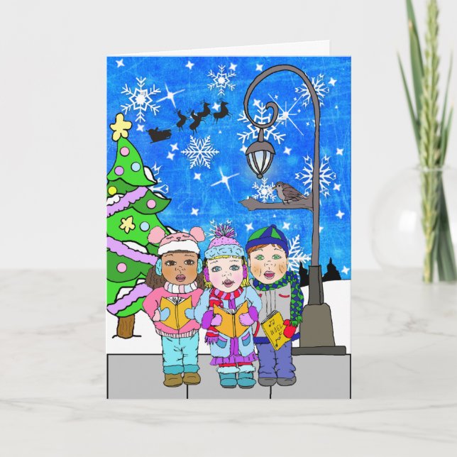 Carte Joyeux Noël Enfants Caroleurs Vacances (Devant)