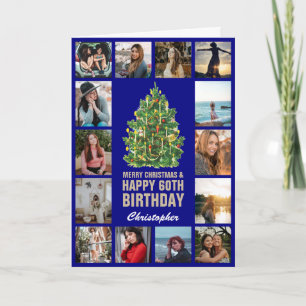 Carte Joyeux Noël et 60e Joyeux Anniversaire Bleu de la