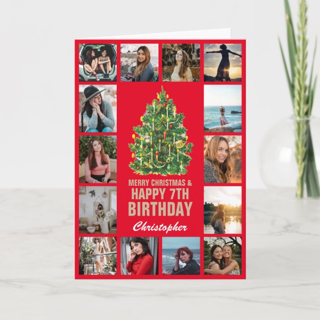 Carte Joyeux Noël et 7e Joyeux anniversaire Rouge & Or (Devant)