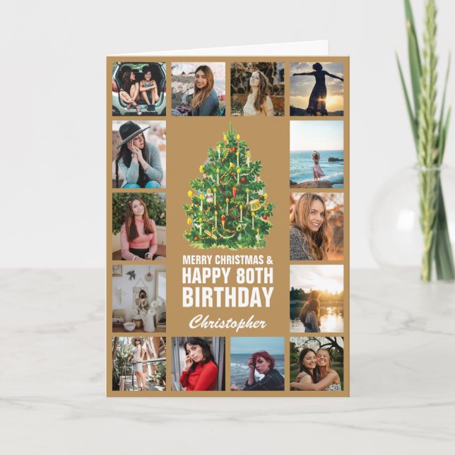 Carte Joyeux Noël et 80e Joyeux Anniversaire Or (Devant)