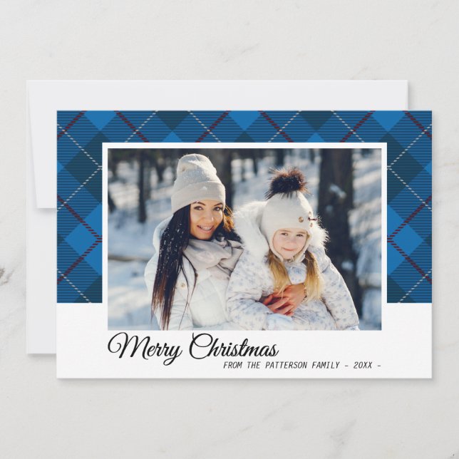 Carte Joyeux Noël Famille Photo Style Tartan Bleu (Devant)