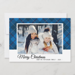 Carte Joyeux Noël Famille Photo Style Tartan Bleu