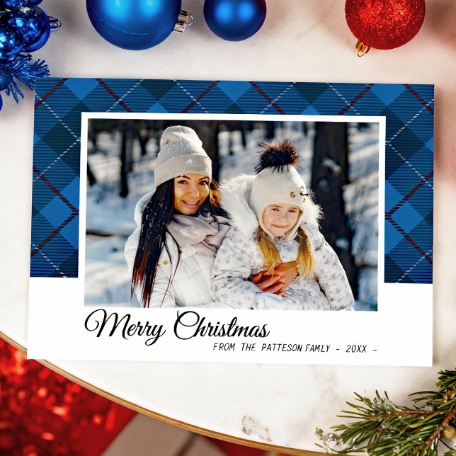 Carte Joyeux Noël Famille Photo Style Tartan Bleu (Créateur téléchargé)