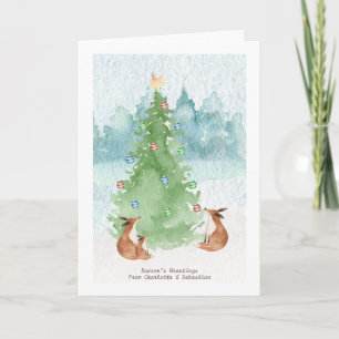 Carte Joyeux Noël Famille Renard Avec Arbre Aquarelle