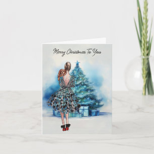 Carte Joyeux Noël femme et sapin de Noël bleu