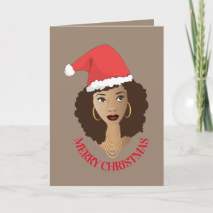 Carte Joyeux Noël, Femme noire, Chapeau rouge, Brown