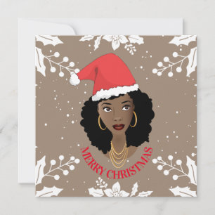 Carte Joyeux Noël, Femme noire, Chapeau rouge, Brown