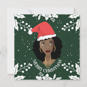 Carte Joyeux Noël, Femme noire, Chapeau rouge, Vert