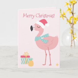 Carte Joyeux Noël ! Flamant rose Père Noël Tropical