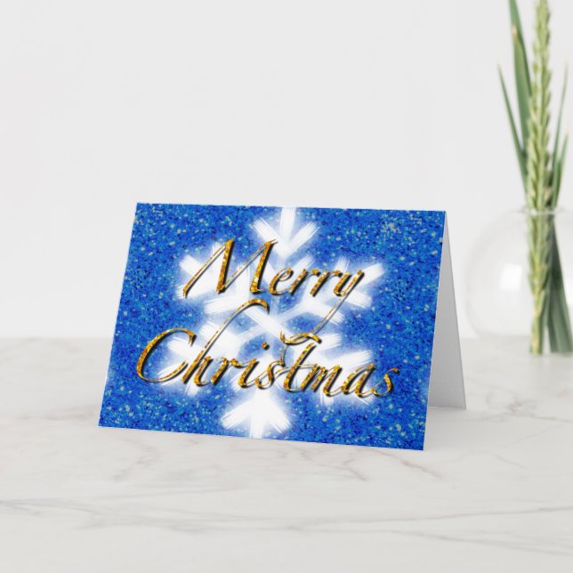 Carte Joyeux Noël, flocon de neige à paillettes bleues  (Devant)