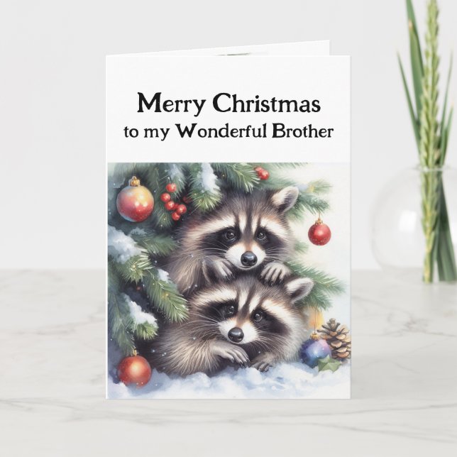 Carte Joyeux Noël Fun Raccoons Frère (Devant)