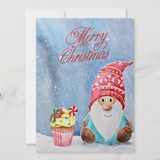 Carte Joyeux Noël Gnome et Noël Cupcake (Devant)