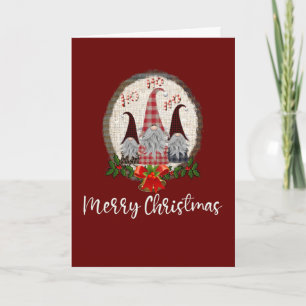 Carte Joyeux Noël Gnomes Rouge, Rustique, Carreaux, Tend