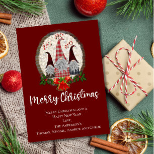 Carte Joyeux Noël Gnomes Rouge, Rustique, Carreaux, Tend