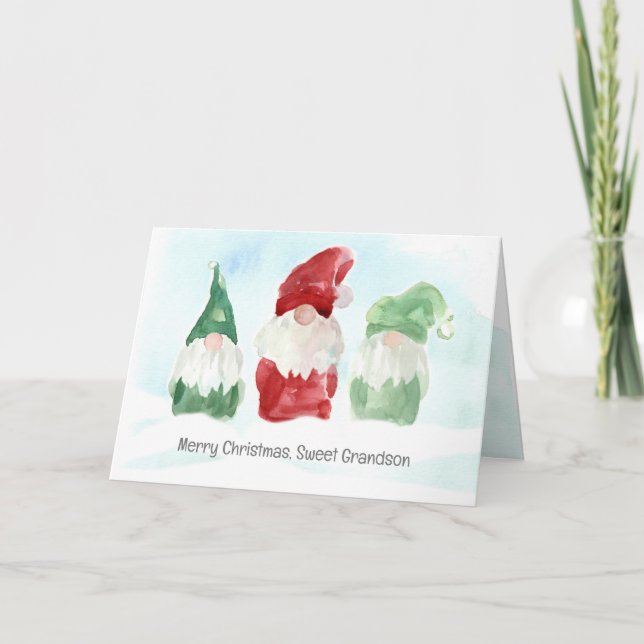 Carte Joyeux Noël Grand-fils Gnomes de vacances Neige (Devant)
