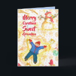 Carte Joyeux Noël Grand-fils Snowman Angels hiver<br><div class="desc">Joyeux voeux de Noël à un petit-fils sucré décoré d'un jeune garçon faisant des anges de neige avec un bonhomme souriant de neige et de neige tombant illustrée par l'aquarelle. A l'intérieur, un bleu chaud est présent. Vous pouvez modifier la couleur intérieure et le texte pour répondre à vos besoins....</div>