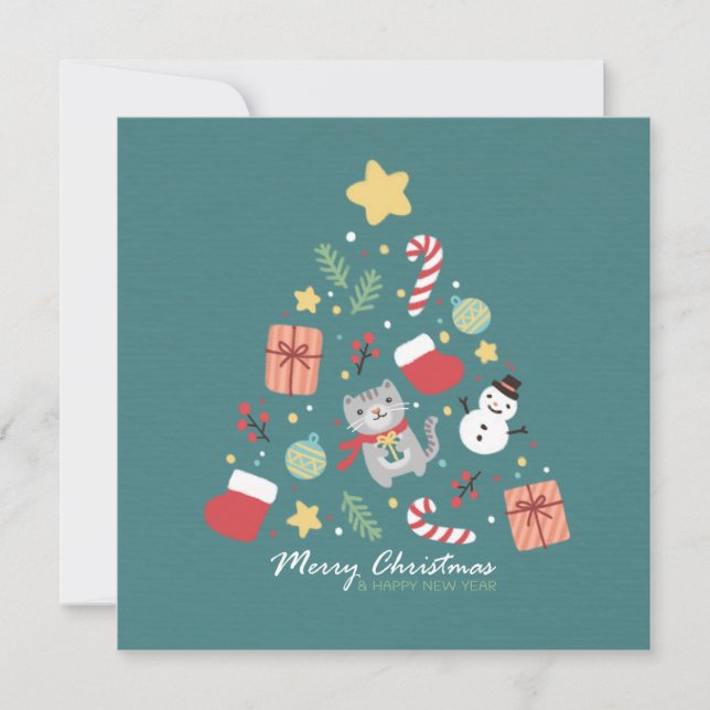 Carte Joyeux Noël : illustration de chats et d'arbres (Devant)