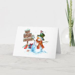 Carte Joyeux Noël joli bonhomme de neige et oiseaux