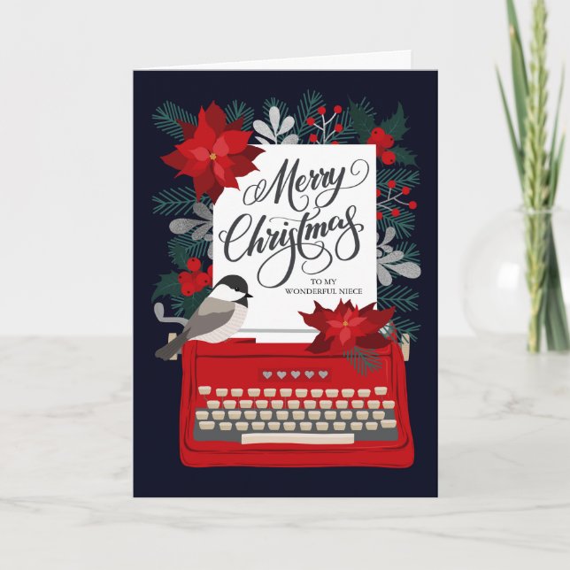 Carte Joyeux Noël Ma Nièce avec une machine à écrire vin (Devant)