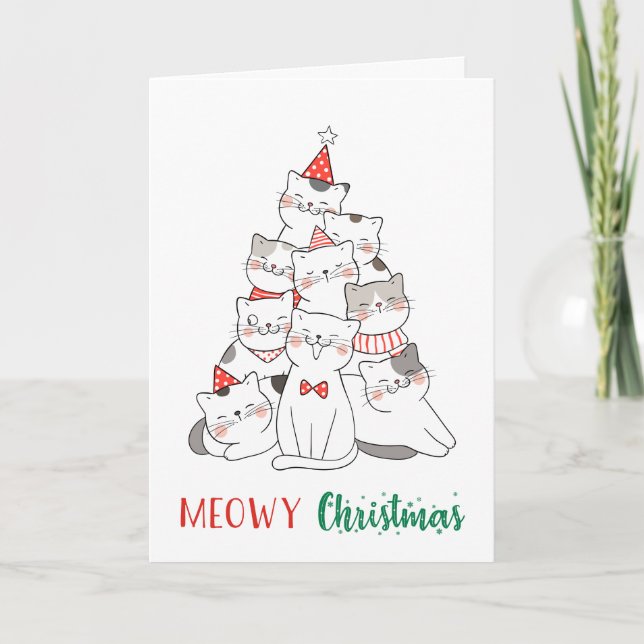 Carte Joyeux Noël Meowy Mignon Blague Chat Chaton Pun (Devant)