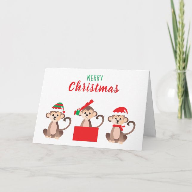 Carte Joyeux Noël Mignons singes Casquettes de Noël (Devant)