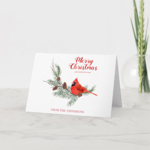 Carte Joyeux Noël Monogramme Aquarelle Pine Cardinal Bir