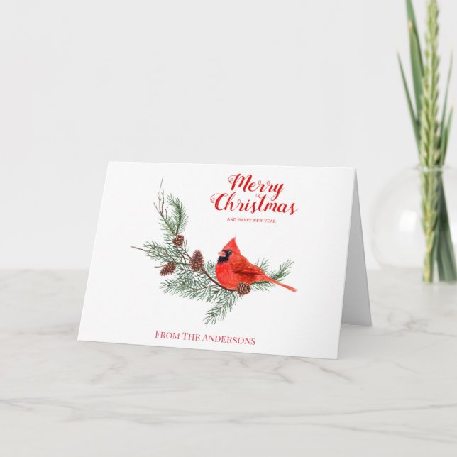 Carte Joyeux Noël Monogramme Aquarelle Pine Cardinal Ois (Devant)