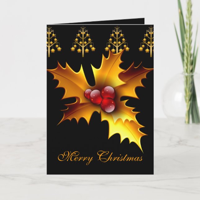 Carte Joyeux Noël Noir Rouge Or Houx Noël (Devant)