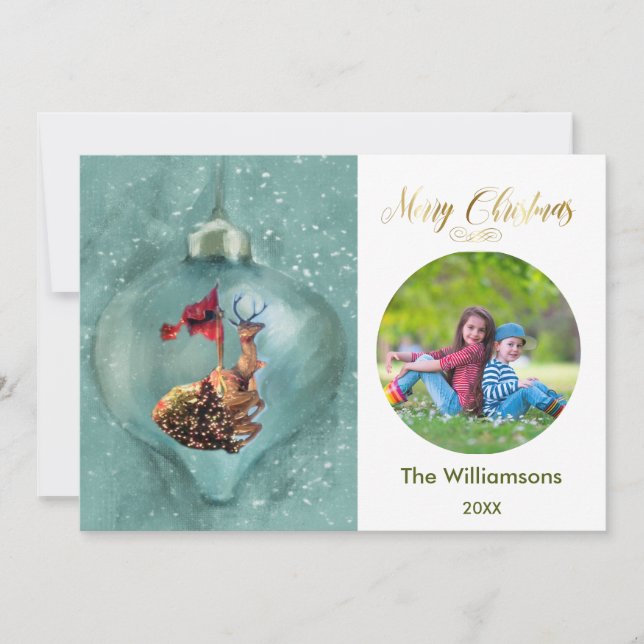Carte Joyeux Noël Ornement Reindeer Photo de famille (Devant)