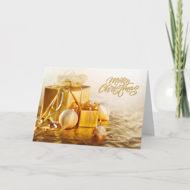 Carte Joyeux Noël Ornements dorés et boîtes à cadeaux  (Devant)