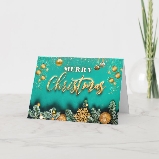 Carte Joyeux Noël Ornements Dorés et Branches de Pin (Devant)