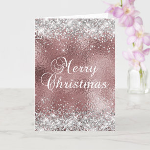 Carte Joyeux Noël pailleté or rose et argent