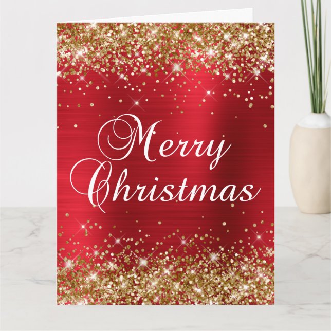 Carte Joyeux Noël pailleté or rouge grand format (Devant)