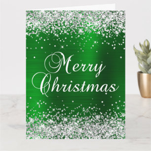 Carte Joyeux Noël pailleté vert argenté en grande feuill