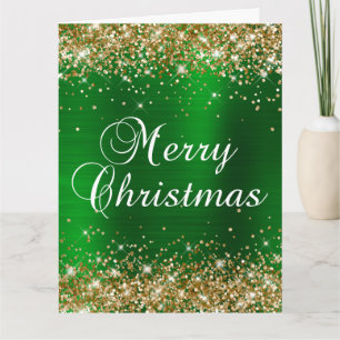 Carte Joyeux Noël pailleté vert or feuille grand