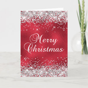 Carte Joyeux Noël Paillettes Argent Verre Feuille Rouge