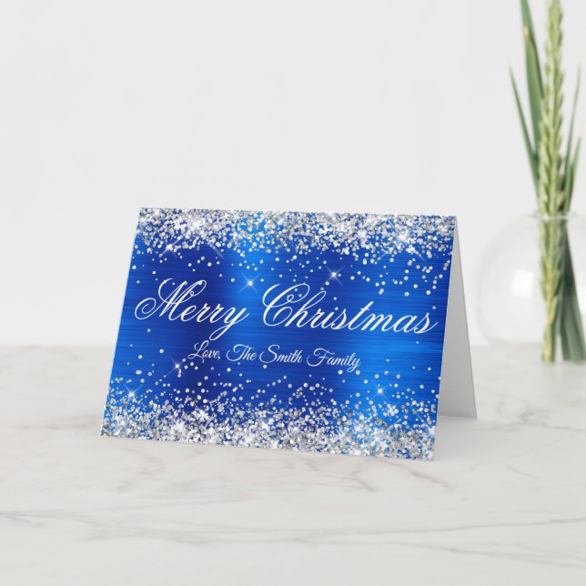 Carte Joyeux Noël Paillettes Argentées Bleu Royal Feuill (Devant)