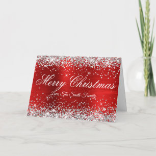 Carte Joyeux Noël paillettes argentées feuille rouge