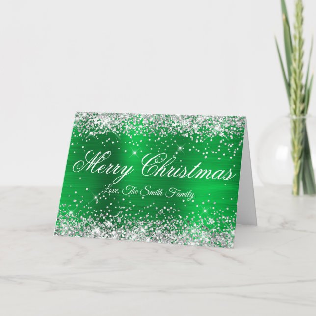 Carte Joyeux Noël paillettes argentées vert brillant (Devant)