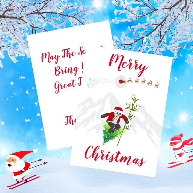 Carte Joyeux Noël Panda Bear Skiing Mountain (Merry Christmas Panda Bear Skiing Mountain Card)