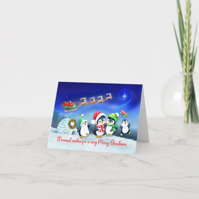 Carte Joyeux Noël Penguin Famille avec Père Noël Sleigh (Devant)