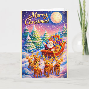 Carte Joyeux Noël Père Noël Traîneau et Renne Hiver