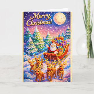 Carte Joyeux Noël Père Noël Traîneau et Renne Hiver