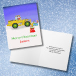 Carte Joyeux Noël personnalisé Père Noël en Bulldozer<br><div class="desc">Cette adorable carte de Noël présente Père Noël dans un bulldozer,  avec ajouter le nom de votre enfant pour le rendre spécial. Il est sûr d'apporter un sourire et ajouter un peu de plaisir festif à ses célébrations de Noël!</div>