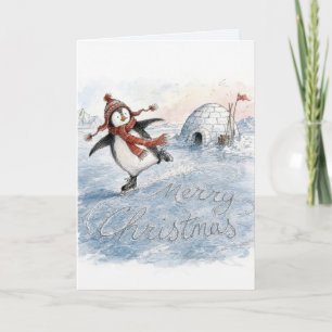Carte Joyeux Noël Pingouin Patin à Glace Humour